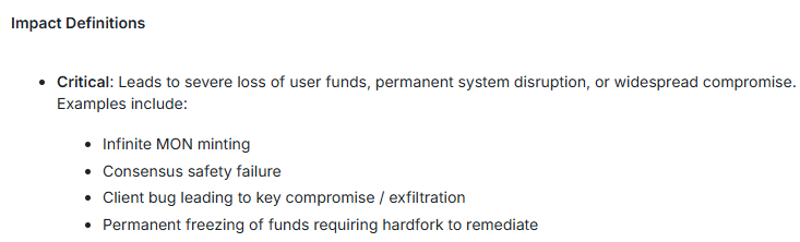 Cantina bug bounty impact definitions listing infinite MON minting as a critical bug